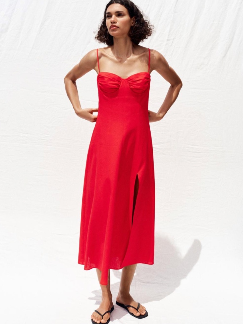 Zara Vibrant Red Spaghetti-Strap Midi Dress with Side Slit